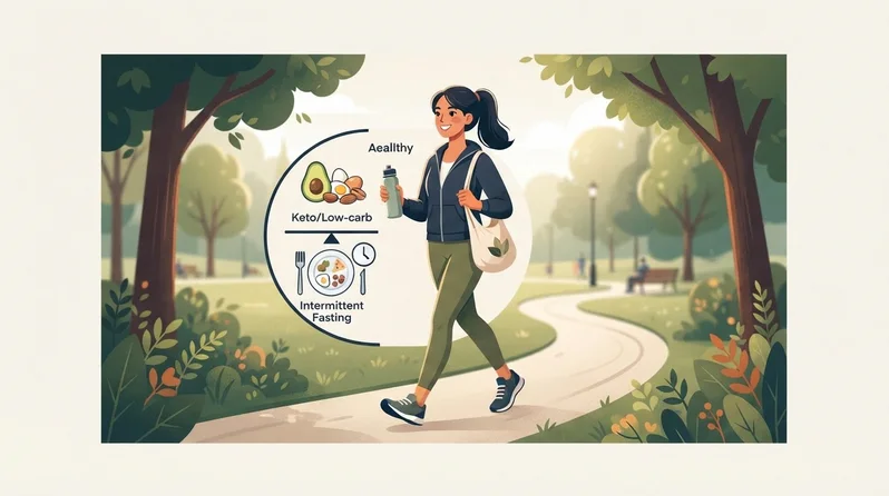 Illustration: Estrategias nutricionales: Low-carb, Keto y Ayuno — Perder peso de forma saludable: rutina y hábitos realistas
